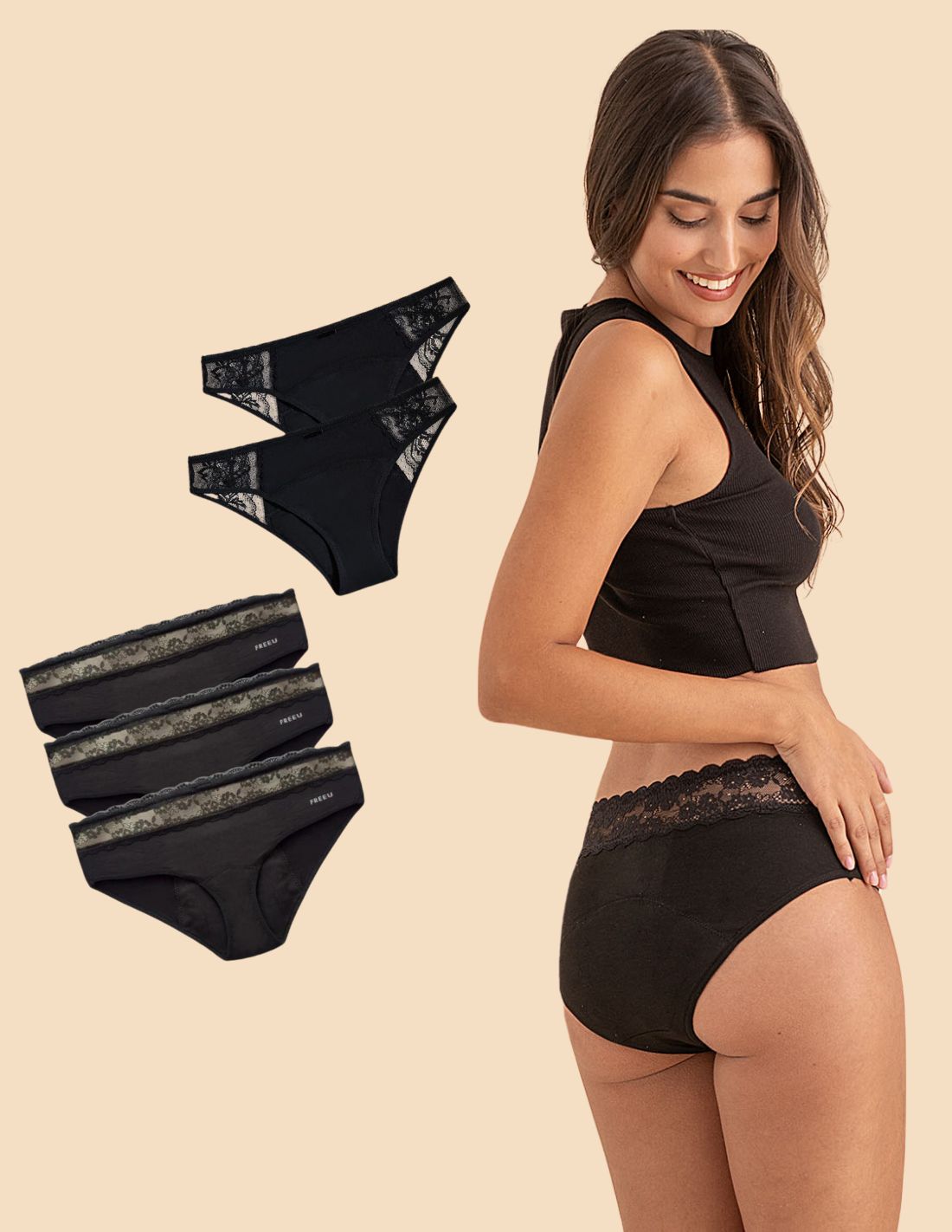 Set 5 bragas menstruales bambú flujo abundante Lola