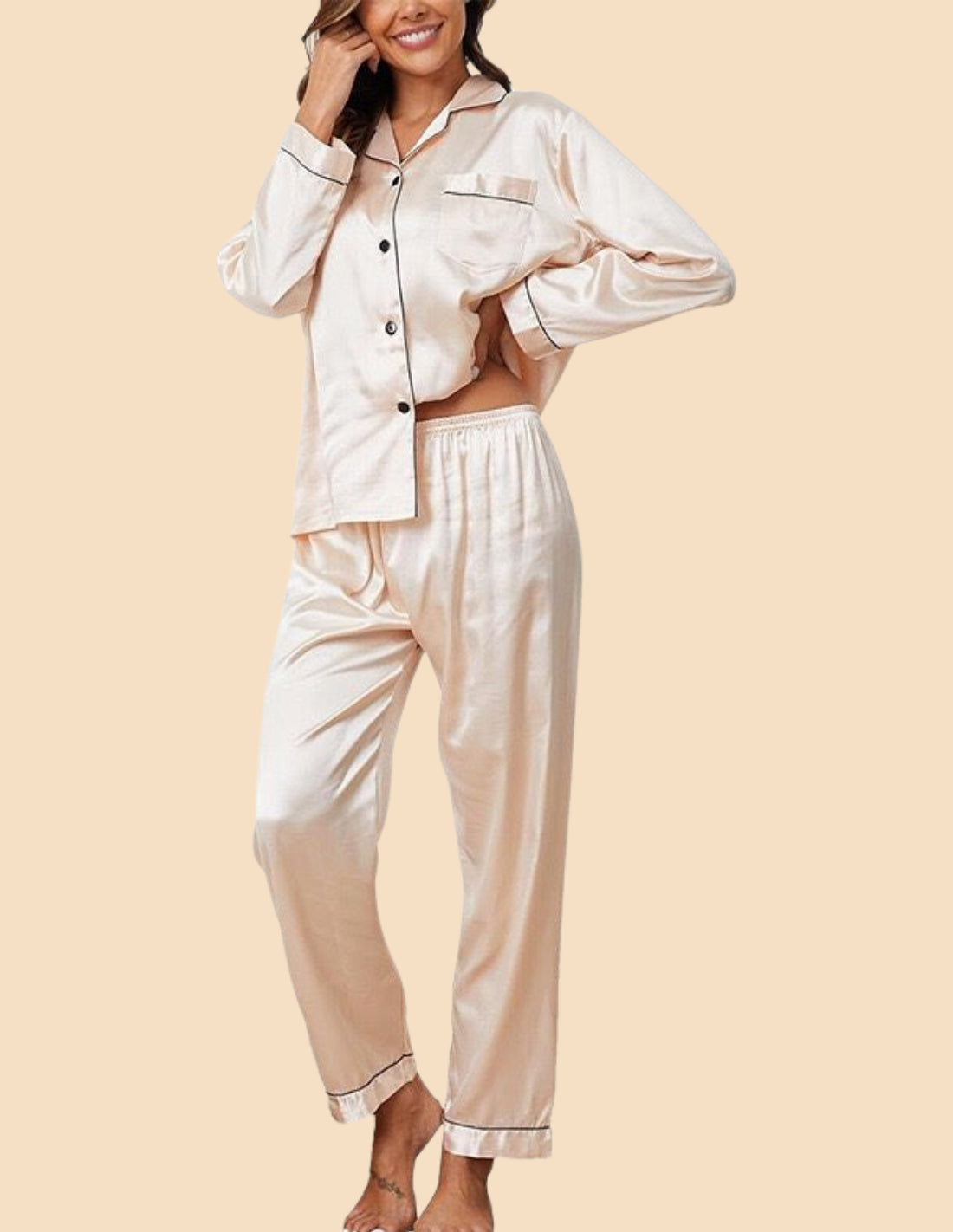 Conjunto de pijama de seda natural para mujer, 2 piezas, con botones delanteros Chanel