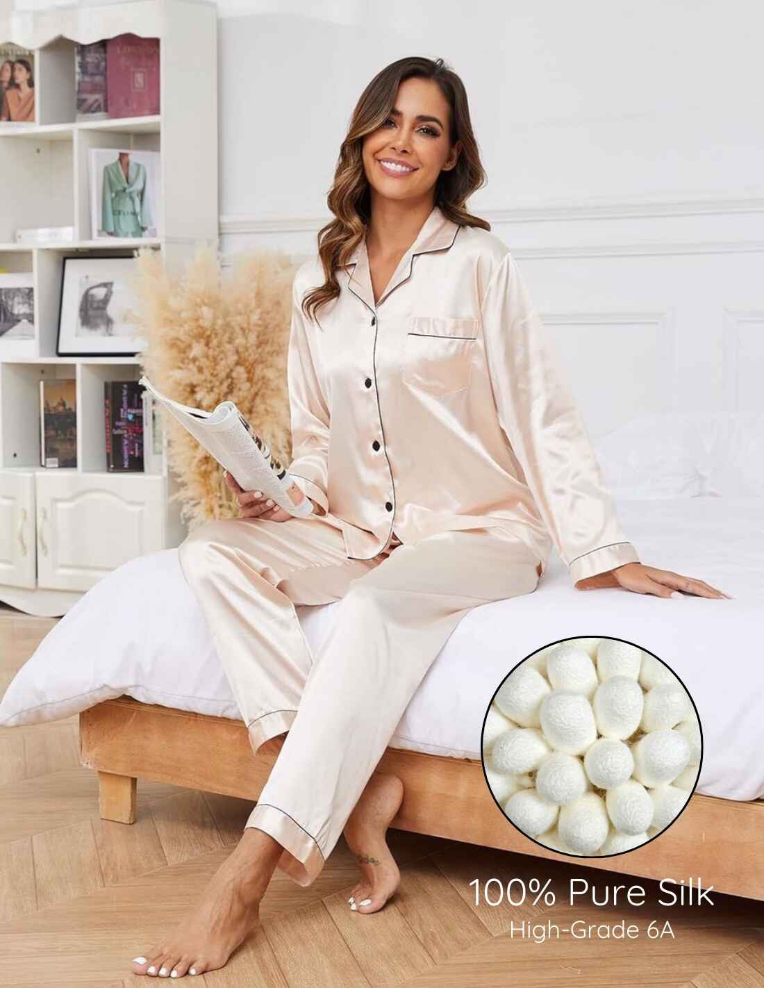 Conjunto de pijama de seda natural para mujer, 2 piezas, con botones delanteros Chanel