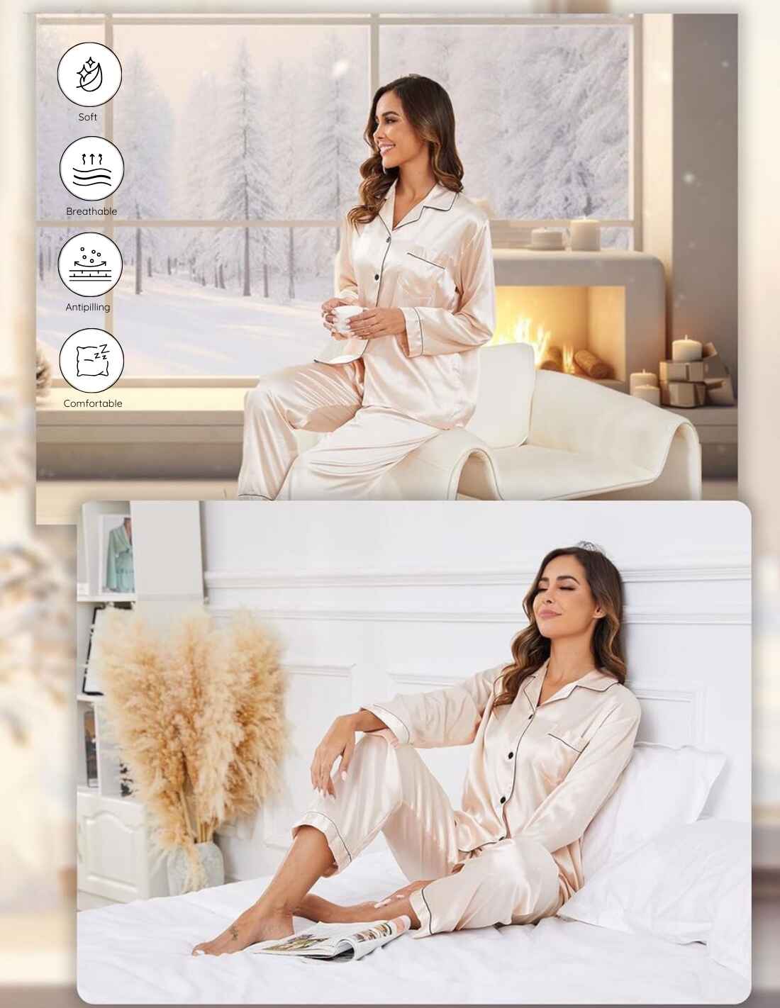Conjunto de pijama de seda natural para mujer, 2 piezas, con botones delanteros Chanel