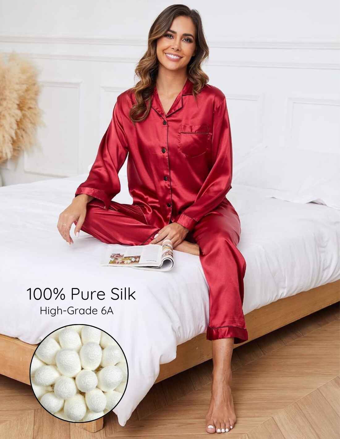 Conjunto de pijama de seda natural para mujer, 2 piezas, con botones delanteros Chanel