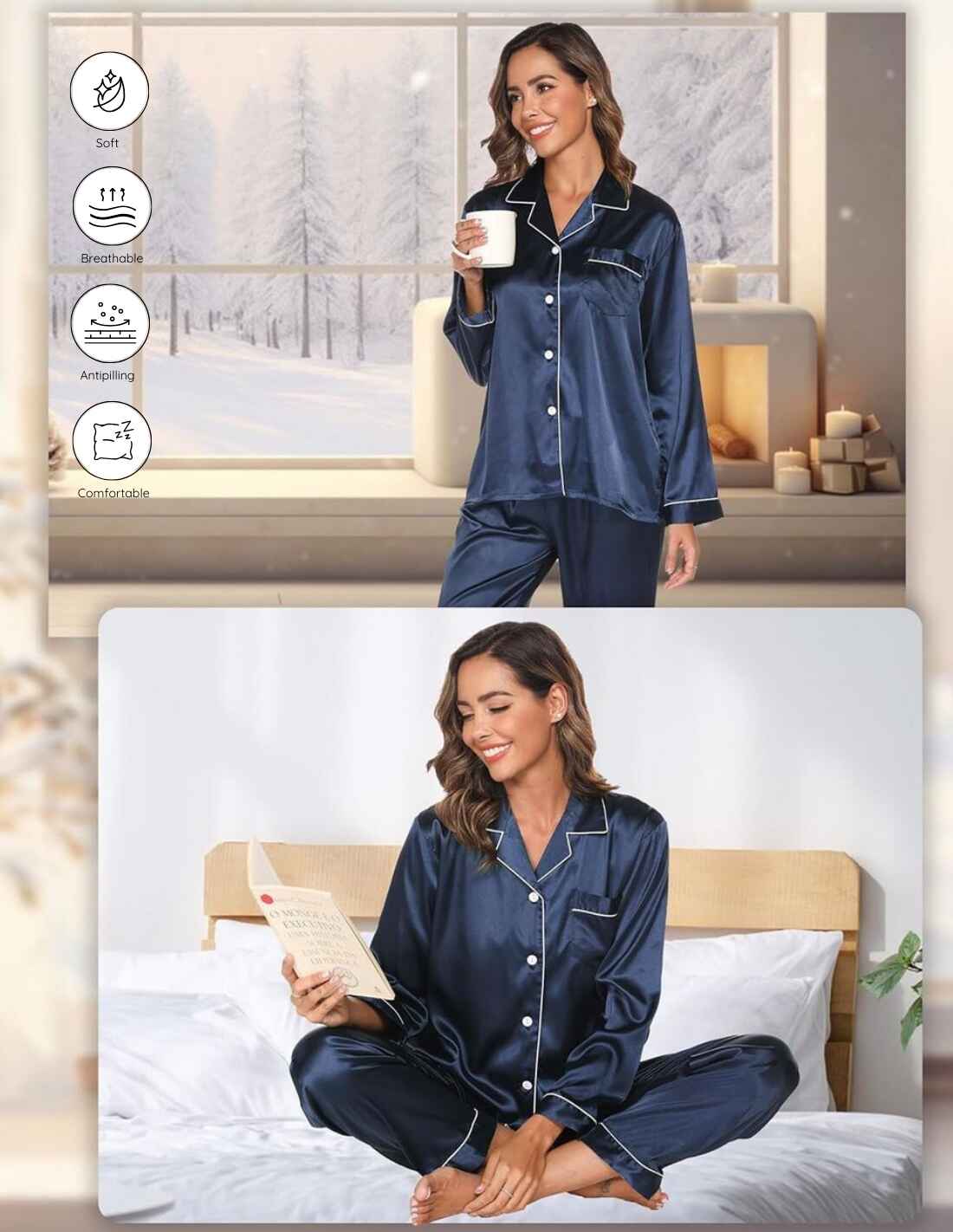 Conjunto de pijama de seda natural para mujer, 2 piezas, con botones delanteros Chanel